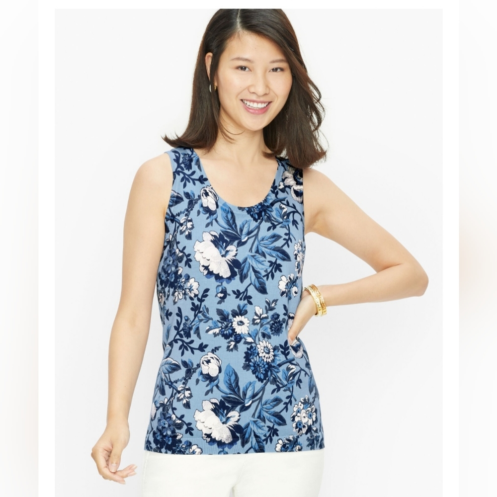 TALBOTS TANK TOP CHARMING SHELL FLORAL TOILE SIZE MEDIUM BLUE BLACK WHITE